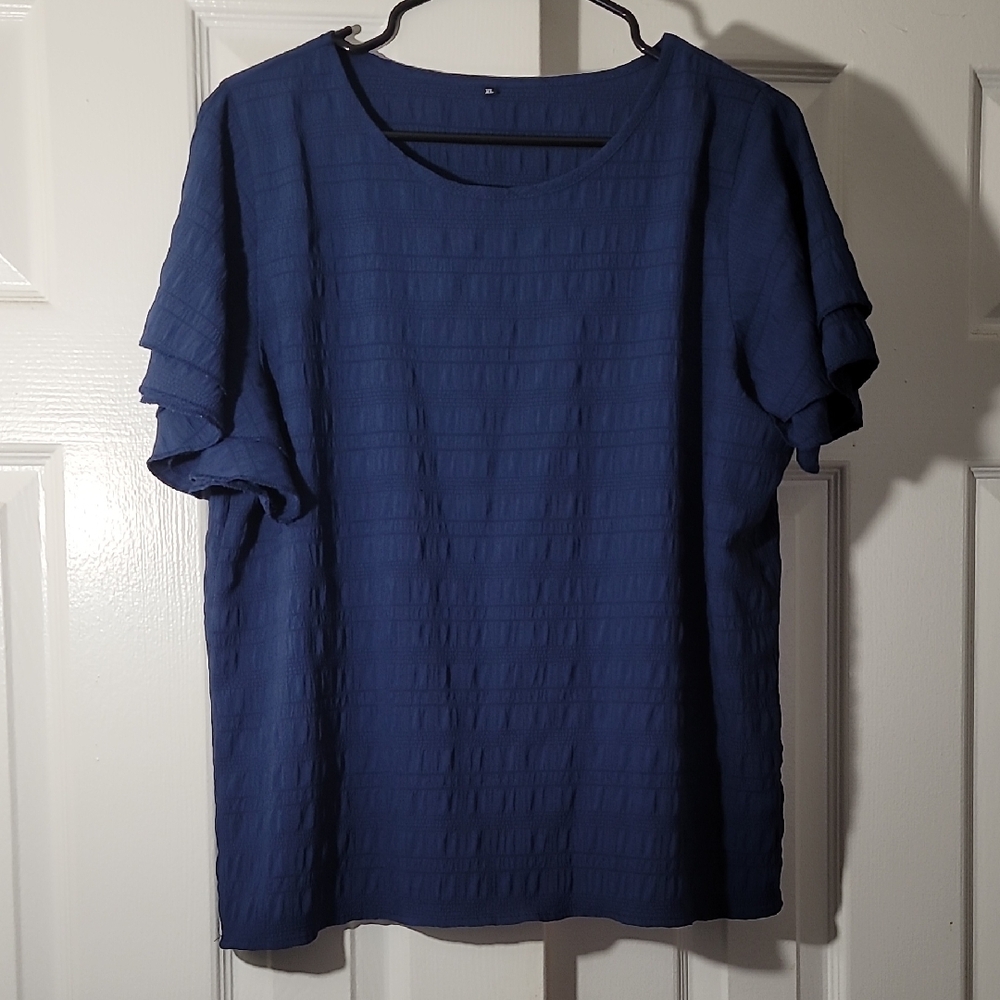 Chic Navy Blue Textured Women's Blouse